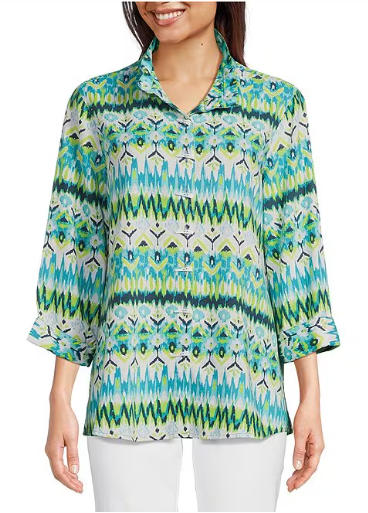 Printed Woven Linem Blend Point Collar 3/4 Sleeve Button Down Tunic