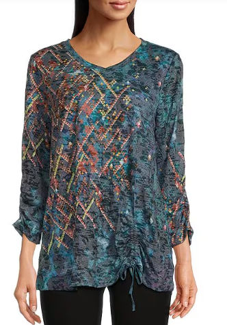 Abstract Crinkle Burnout Knit V-Neck Drawstring 3/4 Sleeve Tunic