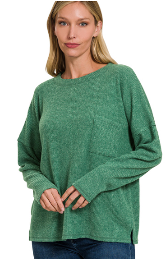 Ribbed Brushed Melange Hacci Sweater with a Pocket