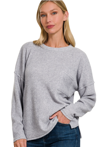 Ribbed Brushed Melange Hacci Sweater with a Pocket