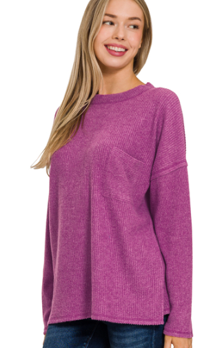 Ribbed Brushed Melange Hacci Sweater with a Pocket