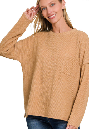 Ribbed Brushed Melange Hacci Sweater with a Pocket