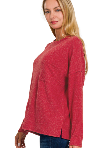 Ribbed Brushed Melange Hacci Sweater with a Pocket