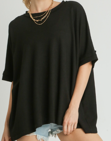 +Lightweight Relaxed Fit Waffle Knit Top with Raglan Sleeves and Raw Edge Details - Black