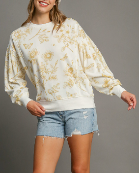 -French Terry Round Neck Top with Floral Print - Mocha