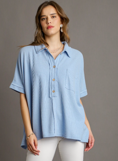 Oversized Boxy Cut Waffle Knit Button Down Collared Top with Chest Pocket - Light Blue