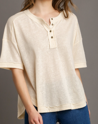 Cotton Gauze Ribbed Contrast Button Top - Cream