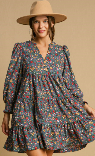 Floral Corduroy Dress- Dusty Blue