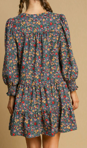 Floral Corduroy Dress- Dusty Blue