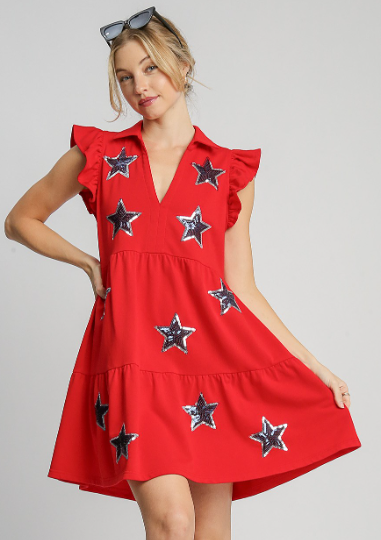 French Terry Colalred Mini Dress with Sequin Stars