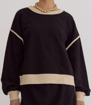 -Solid Round Neck Long Sleeve Top Featuring Contrasting Trim