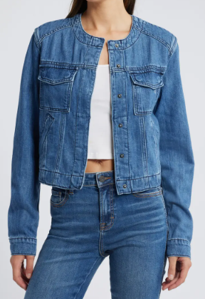 Collarless Denim Trucker Jacket