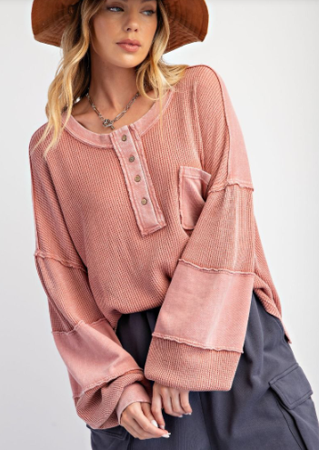 -Thermal Mix Terry Knit Mineral Washed Henley Top - Dusty Rose