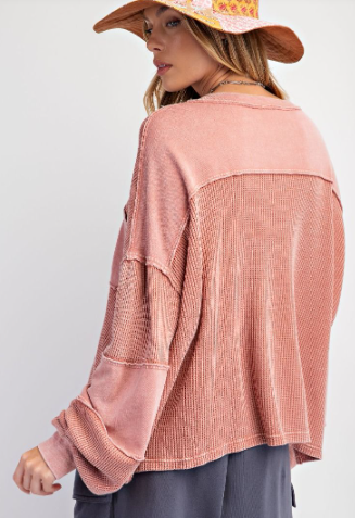 -Thermal Mix Terry Knit Mineral Washed Henley Top - Dusty Rose