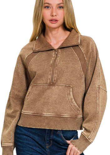 Acid Wash Half-Zip Pullover with Kangaroo Pocket