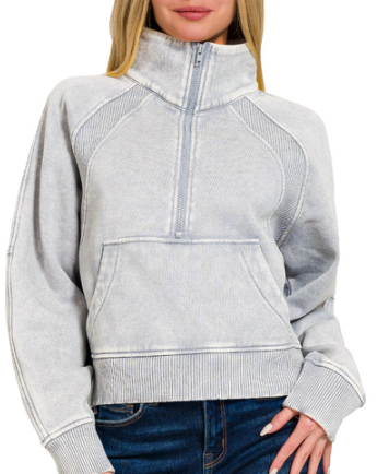 Acid Wash Half-Zip Pullover with Kangaroo Pocket