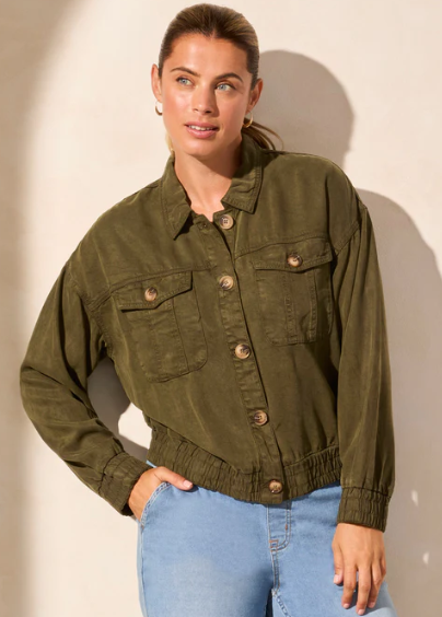 Casual Lyocell Jacket with Elastic Waist - Light Olive