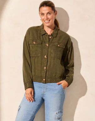 Casual Lyocell Jacket with Elastic Waist - Light Olive