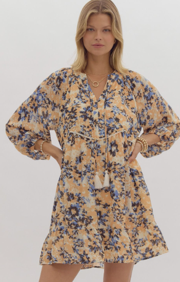 -Printed v-neck 3/4 sleeve mini dress featuring tassel self tie at neck. Lined. Woven. Non-sheer. Lightweight.