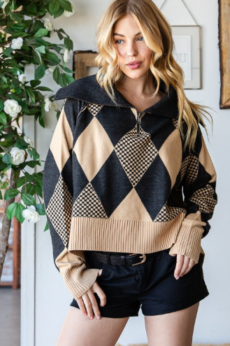 ARGYLE HALF ZIP UP PULLOVER SWEATER