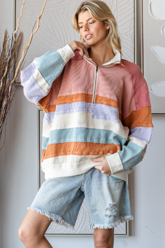 WASHED COLOR BLOCK PULLOVER SWEATER WITH ZIP