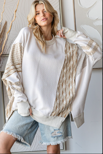 SIDE SLIT FABRIC MIXED SWEATER