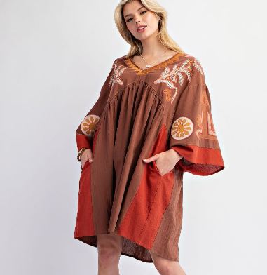 EMBROIDERED POLY LINEN WOVEN DRESS