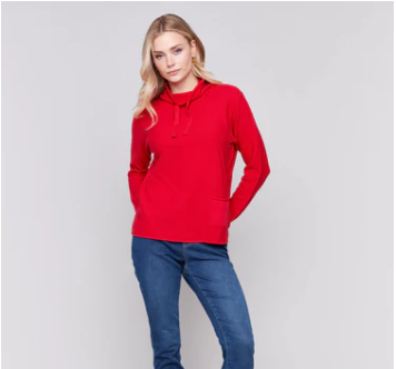 Ottoman Cotton Funnel Neck Sweater - Cranberry