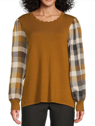 Mixed-Media Scalloped Neck Long Plaid Sleeve Fitted Sweater