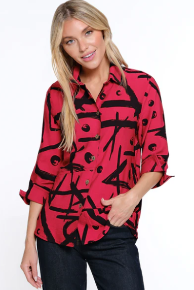 Printed Woven Button Front Blouse - Spicy Red