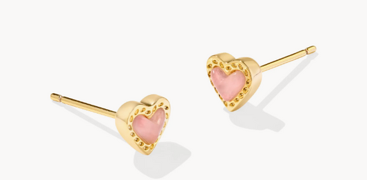 Mini Ari Heart Gold Stud Earrings in Rose Quartz