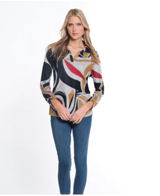 Double Bungee 3/4 Sleeve Johnny Collar Pull-on Top - Multi