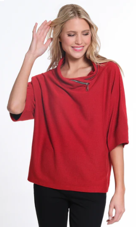 Elbow Dolman Sleeve Zip Cowl Collar Hi-Lo Top - Vivid Red- With Black Lines