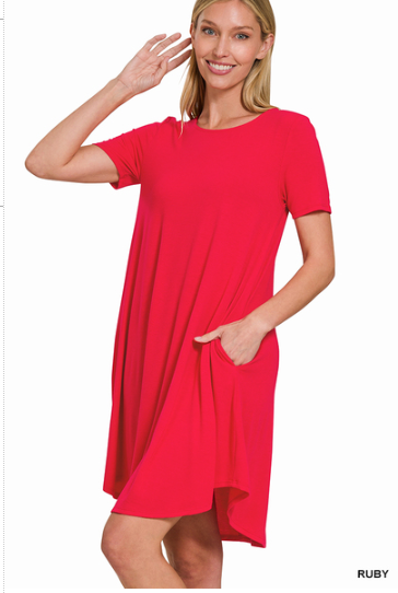 Short sleeve round hem a-line dress - side pockets