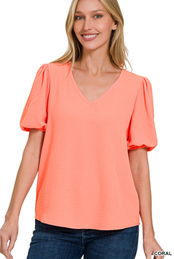 Woven airflow v-neck puff sleeve top