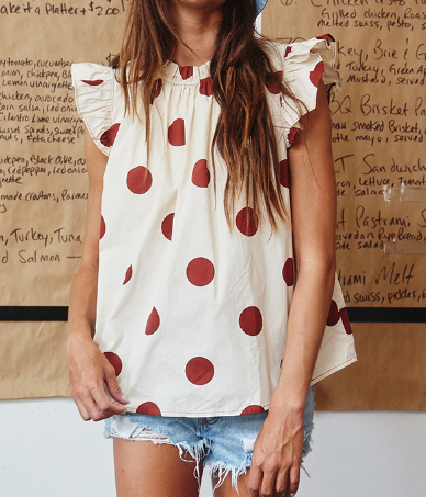 POLKA DOT PRINT FLUTTER RUFFLE DETAIL TOP