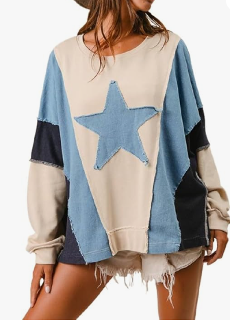 Women Star Patchwork Sweatshirt Denim Patch Crewneck Pullover Vintage Color Block Oversized Sweatshirts Streetwear