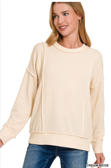 !Corded rib long sleeve round neck pullover