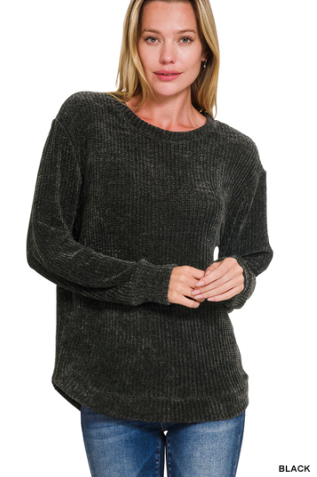 Chenille waffle round neck sweater