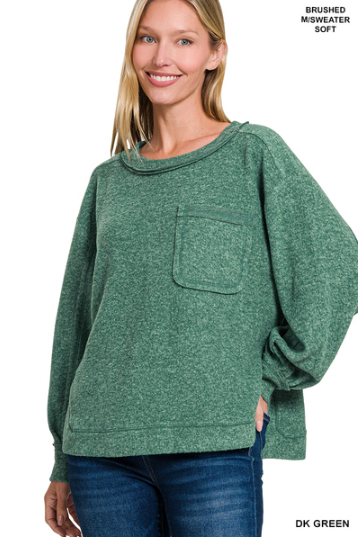 !Brushed hacci hi-low round neck sweater