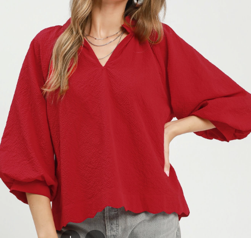 Red Textured V-Neck Scallop Hem Top