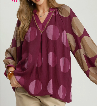 Burgundy Multi Dot V-Neck Blouse