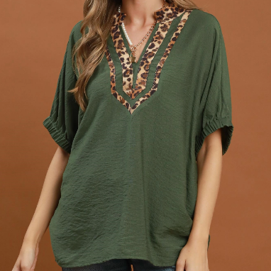 Olive Leopard Trim V-Neck Top