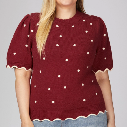 Burgundy Polka Dot Puff Sleeve Sweater