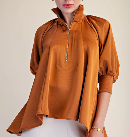 Satin Zip Neck Puff Sleeve Top