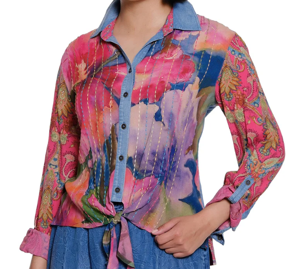 Watercolor Paisley Tie-Front Blouse