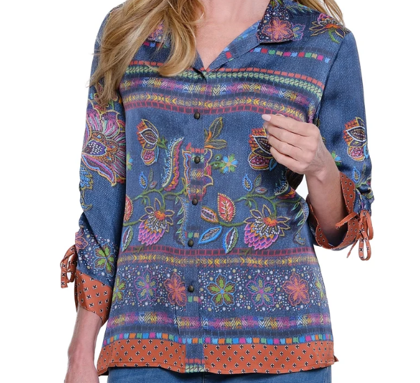 Embroidered Floral Denim Button-Up Blouse
