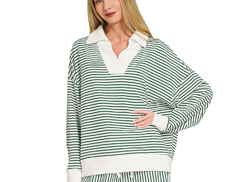 Striped Collared V-Neck Pullove