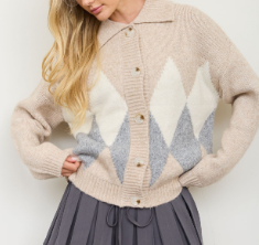 Argyle Button Front Knit Cardigan