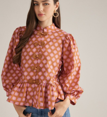 Vintage Floral Peplum Button-Front Top